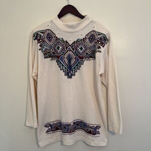 Vintage 90s KWBL Los Angeles Deco Hand Painted Aztec Beaded Tribal 3/4 Sleeve-XL